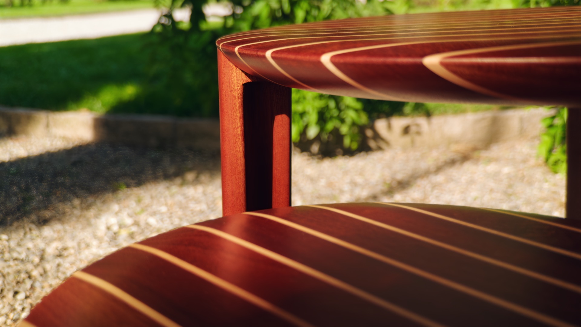 Rounded wooden table edge with pale stripes from Massimo Castagna’s Exteta × Riva collection